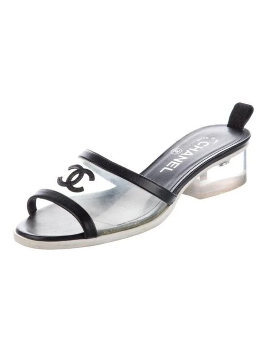 CHANEL Shoes - Authentic Chanel Blk Interlocking CC Logo PVC Leather Trim Sandal Slide 40 US/10